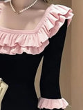 MQTIME  -  Y2K Patchwork Bodycon Dress with Ruffles & Flare Sleeves, Square Collar Slim Waist Vestidos for Women