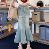 Mqtime High Waist Hollow Sexy Slim Denim Fishtail Skirt Women Summer New Streetwear Fashion All Match Mid-length Skirt