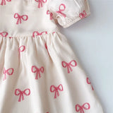 MQTIME  -  Bow Print Princess Dress Girls Puff Sleeved Dresses Summer New Casual Sweet Kids Clothes Bowknot Print Dress 2-8 Years Wear