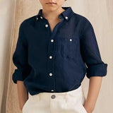 MQTIME  -  Boy's Linen Shirt Daily Casual Turn-Down Collar Long Sleeved Top College Spring Breathable Skin-Friendly Cotton-Linen Shirts