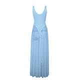 MQTIME  -  Metal Buckle Sheer Mesh Bodysuits Patchwork Maxi Party Dress Women Elegant V Neck Spaghetti Straps Backless Birthday Long Robe