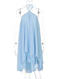 MQTIME  -  Halter Pleated Backless Irregular Mini Dress Women Off Shoulder Sexy Big Swing A-line Holiday Dresses 2025 Summer Party Robe