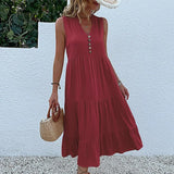 MQTIME  -  Solid Color Straight Tank Dress Sleeveless Holiday Viscose Maxi Dress Button Up V Neck Boho Dress Vacation Robes