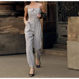 MQTIME  -  Women's Spring New Elegant Temperament Sleeveless Mid-Rise Jumpsuit Off-the-Shoulder Legion Tapered Pants