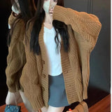 MQTIME  -  Women's Knitting Sweater Autumn Winter White Brown Thick Brown Knit Cardigan Loose Knit Retro Outerwear Sweater