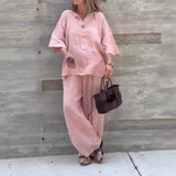 MQTIME  -  Casual Cotton Linen Solid Color Outfits Elegant V-neck Pullover & Long Pant Suit Women Fashion 3/4 Sleeve Street Loose 2Pc Sets
