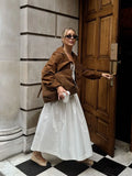 MQTIME  -  Women Brown Suede Leather Jacket Vintage Lapel Single Breasted Long Sleeve Pocket Slim Outerwear Spring Lady Chic Top 2025