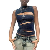 MQTIME  -  Casual Denim Crop Top Women Slim Hollow Out O-neck Vest Female Sleeveless Summer Stylish Tops Lady High Street Cool Club Party