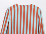 MQTIME  -  Autumn New Female Chic Blouse Women's Loose Fit Striped Print Shirt O-neck Puff Sleeve Single Breasted Simple Casual Top