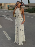  MQTIME  -  Elegant Elegant Butterfly Print  Sleeveless Long Dress Women Halter Backless Lace Up Slim A-line Dresses New Lady Party Robes