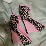 MQTIME  -  Women Pink Leopard Print Peep Toe Wedge High Heel Pumps Bow Decor Sweet Gal Y2K Shibuya Harajuku Kawaii Party Dress Shoes