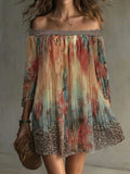  MQTIME  -  Vintage Pattern Print Loose Mini Dress Spring Sexy Slash Neck Hollow Women's Party Dress New Fashion Long Sleeve Boho Dress