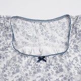 MQTIME  -  American Vintage Flower Print Bow Gauze Sexy Sheer Fake Two Piece Y2k Square Collar Short Sleeve Women's T-shirts
