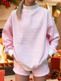  MQTIME  -  Women s Cozy Striped Lounge Set with Relaxed Fit Crew Neck Top and Matching Shorts - 2 Piece Casual Outfit for Stylish Comfort