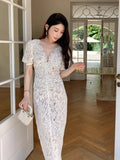 MQTIME  -  White Lace Dress for Women, V-Neck, Hollowed Out Rhinestone Bubble Sleeves, Slim Fit and Unique Dress, Design Sense