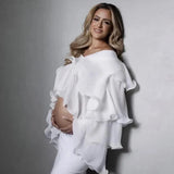 MQTIME  -  White Chiffon Ruffles Maternity Photography Tops Shirts Long Sleeve V Neck Pleats Chiffon Shirts For Pregnancy Photoshoot Blouse