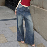  MQTIME  -  Y2K Rhinestone Wide Leg Jeans Women Gradient Washed Baggy Denim Pant Low Waist Sparkly Glitter Flare Trouser Streetwear