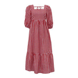  MQTIME  -  Spring New Product Red Plaid Square Collar Five-quarter Sleeve Lace-up Dress Women's Casual Dress