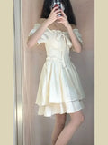 MQTIME  -  Sweet Summer Mini Dress for plus Size Women with Wood Grain Ruffle Bubble Sleeve Square Collar Waist Cinching Fashionable