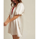 MQTIME  -  Women Satin Silk Mini Dress Bow Tied Front Square Neck Half Bubble Puff Sleeve Loose Fit Silky Short A-line Dresses