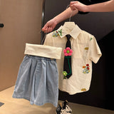 MQTIME  -  Boys' Suit Spring and Summer New Children's Clothes Boys' Baby Sunflower Tie Shirt Jeans Five Minute Pants Two Sets
