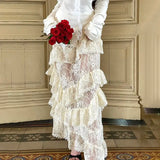  MQTIME  -  French vacation style lace patchwork slim and figure-flattering versatile tiered half skirt