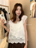  MQTIME  -  Summer Vacation Vintage Embroidery Crochet Solid V Neck Short Sleeve Women Blouse
