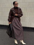 MQTIME  -  Casual Spotted Pattern A-line Skirt Women's Vintage Brown High Waist Slim Fit Wrap Maxi Dress Summer New Lady Commute Wear