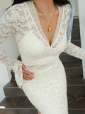  MQTIME  -  Sexy V-neck Long Sleeve Lace Patchwork Dress Women Elegant Double-layer Stretchy Party Club Evening Dress Wedding Outfit