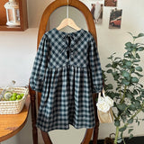  MQTIME  -  Retro Cotton And Linen Long-Sleeved Plaid Dress Girls 2026 Spring New Chic Back Lace-up Loose Pleated Children's Dresses