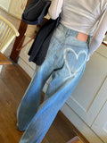 MQTIME  -  French Style High Waist Vintage Washed Flared Jeans Women's Fashion with Love Print Retro Loose Wide Leg Denim Pants Casual
