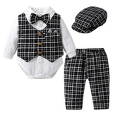 MQTIME  -  Infant 1st Birthday Gentleman Clothes Newborns Plaid Vest Hat Pants White Bodysuit Wedding Costume Baby Boy Formal Boutique Set