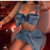 MQTIME  - Women Denim Cargo Two Piece Set Multi Pockets Zipper Spaghetti Straps Crop Tops Bodycon Mini Skirts with Lace Up Belt Jeans Suit