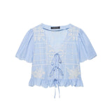 MQTIME  -  Women's Light Blue Embroidered Tie Front Blouse Elegant V Neck Puff Sleeve Ruffle Hem Top Ladies Daily Streetwear Shirt