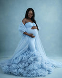 MQTIME  -  Stretchy Satin Tulle Mermaid Maternity Photoshoot Dress Off-shoulder Pregnancy Gown for Wedding Guest Baby Shower Robe