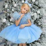 MQTIME  -  Sky Blue Flower Girl Dress Feathers Beading Knee Length Tulle Sequin Kids Dress For Wedding Birthday Party First Communion Gown