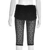 MQTIME  -  Women Fashion Sexy See Through Lace Calf-length Pants Ruched Lapel High Waist Skinny Capris Clubwear All Match Street Bottoms