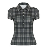 MQTIME  -  American Vintage Plaid Print Turn Down Collar Short Sleeve Slim Single Breasted Basic Women Shirt