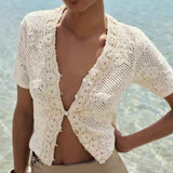 MQTIME  -  New Knit Tops Femme Romantic V Neck Button Down Short Sleeve Chic Top Single Breasted Beach T Shirts Sexy Crop Tops