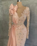  MQTIME  -  Mermaid Prom Dresses V Neck Illusion Long Sleeves Lace Appliques Crystal Beaded Hand Made Flowers Formal Customized