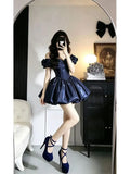 MQTIME  -  Elegant Princess Navy Blue Off Shoulder Puff Sleeve Corset Bow Bubble Hem Mini Dress Women For Banquet 18th Birthday Prom Party