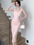 MQTIME  -  2024 Pink Bodycon Hip Wrap Dress Summer White Pleated Square Collar Sling Long Dress 2024 Black Elegant Sexy Club Evening Dress