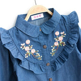 MQTIME  -  Kids Girl Denim Blouses Spring Autumn Long Sleeve Turn Down Collar Embroidered Flowers Girls Shirt 4-12Years