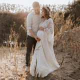  MQTIME  -  Boho Cotton Maternity Photo Shoot Dress Beige Bohemian Lace Stiches Cotton Pregnant Woman Photography Long Dresses