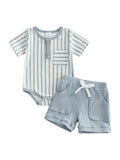 MQTIME  -  Infant Boys 2-Piece Summer Set with Short-Sleeve Striped Romper and Shorts - Adorable Newborn Clothing for Warm Weather