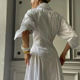  MQTIME  -  Spring Pleated Single-breasted Shirt Skirt New Lapel Long-sleeved High-waisted Temperament White Dress