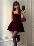 MQTIME  -  Elegant Velvet Sling Mini Dress Women Square Neck Sleeveless Backless A Line Vestidos Female Chic Party Evening Dresses