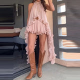 MQTIME  -  Fashion Summer Bohemian Beach Outfit Casual O Neck Sleeveless Top+Skirt Holiday Suit Chiffon Ruffle Irregular Women 2 Piece Set