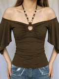  MQTIME  -  American Vintage Solid Beading Halter Short Sleeve All Match Slim-waist Top Female