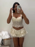 MQTIME  -  Women Skirt Set Ditsy Floral Spaghetti Strap Crop Top Layer Ruffle Mini Skirt Y2K Sweet Casual Dating Outfit Chic Two Piece Set